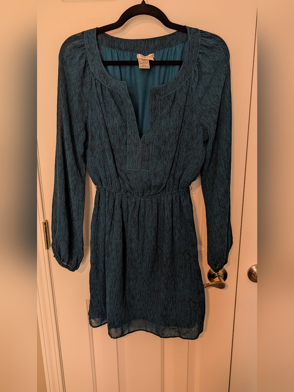 Sophie Max Teal Long-Sleeve V-Neck Drawstring Dress